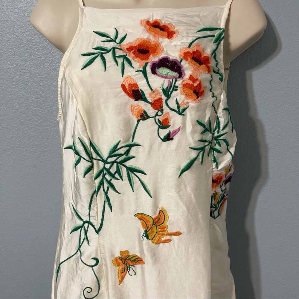 Urban Outfitters Floral Embroidered Midi Dress Ivory Side Slit Boho Indie Medium - Picture 4 of 12